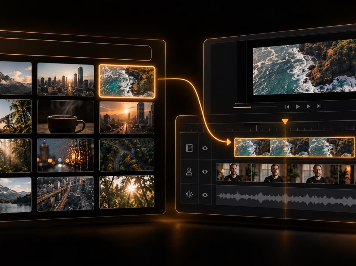 A stock footage library feeding selected B-roll clips into a video editing timeline